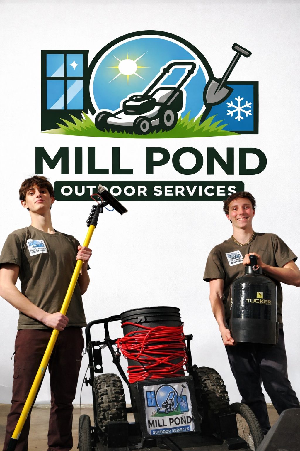 Ethan and Adam, founders of Mill Pond Outdoor Services, with their professional equipment